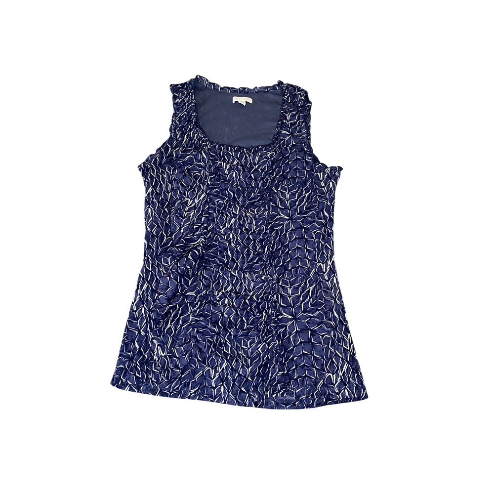New York & Company Blue Geometric Mesh Ruffle Front Sleeveless Shell Top Large